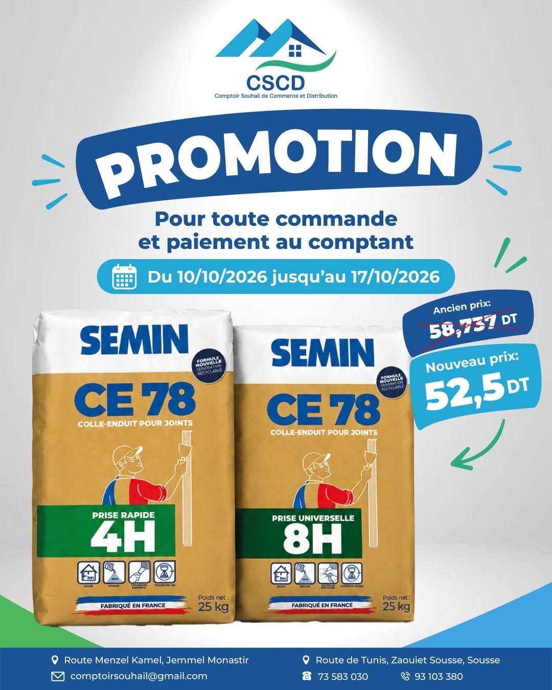 Promotion CSCD : Enduit pour joints Semin CE 78 (25 kg) — Semin CE 78, prise 4H ou 8H 52,5 DT au lieu de 58,737 DT.