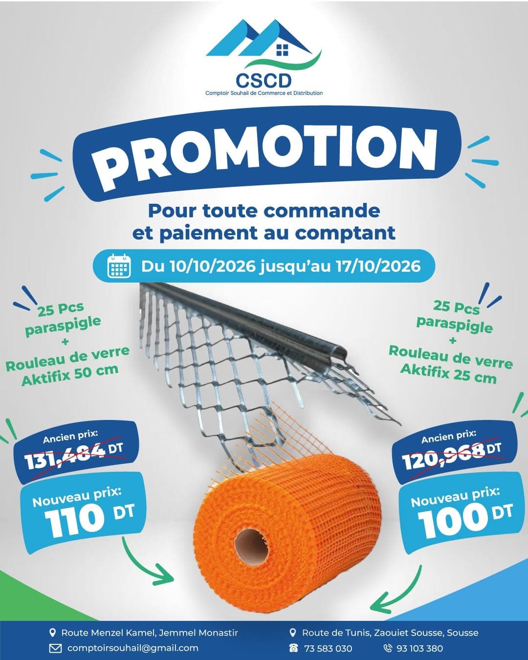 Promotion CSCD : Pack 25 paraspigles + rouleau de verre Aktifix — 25 pcs + rouleau 50 cm 110 DT au lieu de 131,484 DT, 25 pcs + rouleau 25 cm 100 DT au lieu de 120,968 DT.